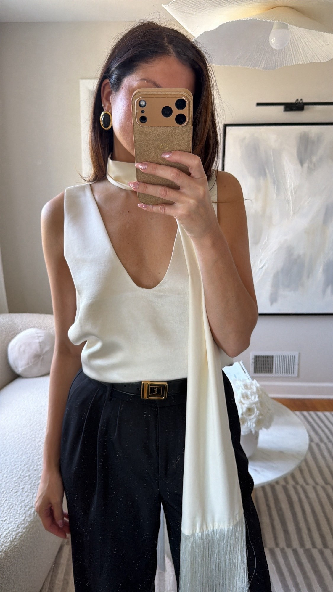 Saint Laurent leather belt, fringe, scarf, ivory, plunge neck, blouse, spring outfit, summer, date, night, trendy, Parisian style, chic, classic.

#LTKootd #LTKWorkwear #LTKSaleAlert