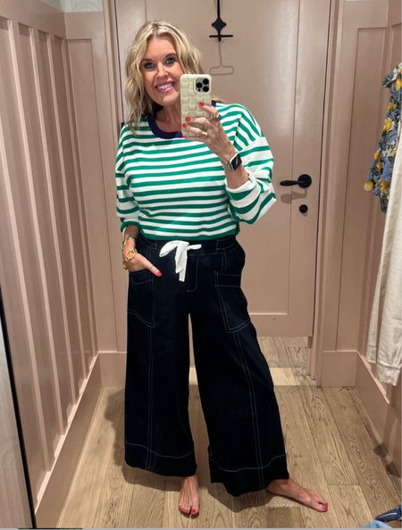 🚨 promo code 
20% off Anthro Sale 

Code -ANTHRO20

Try on at Anthro these two pieces are great for Spring and Summer ✔️

Super soft slightly cropped green and white sweater   fits tts I am in Small

And these darling Wide leg  navy pants with white trim 
Fits  tts 

#LTKSaleAlert #LTKStyleTip #LTKSummerSales