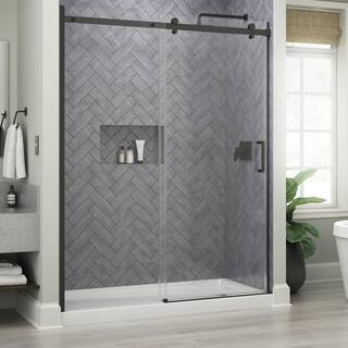 60 in. W x 76 in. H Sliding Frameless Shower Door in Matte Black with Clear Glass | The Home Depot