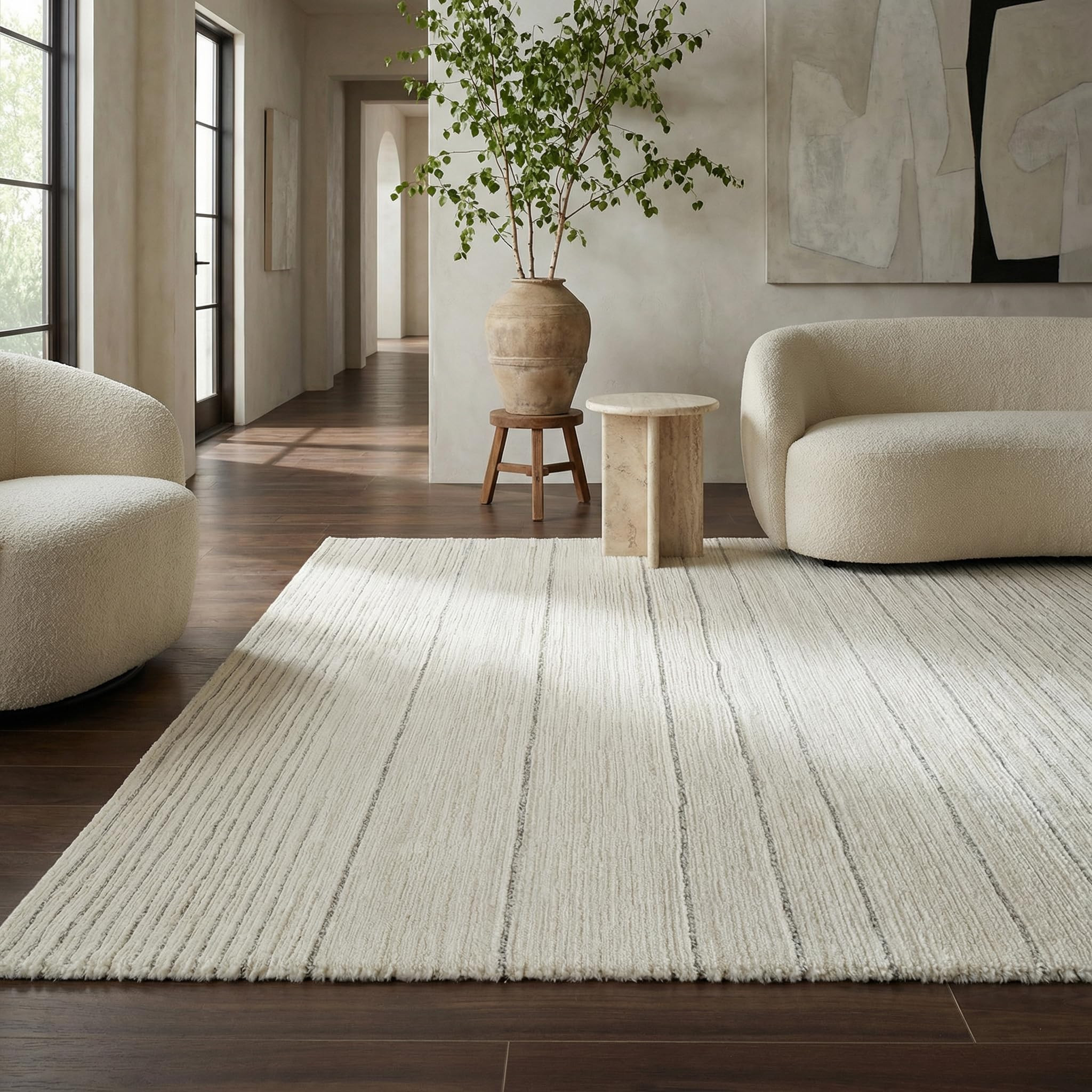 Rug Branch Sama 7' x 10' (6'7" x 9'6") Beige/Cream Striped Indoor Area Rug, Modern, Medium Pile, ... | Amazon (CA)