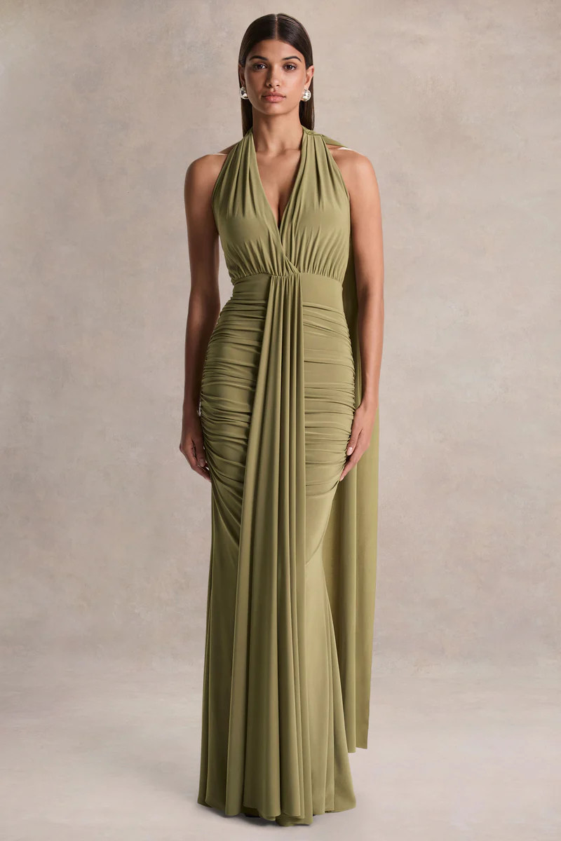 Roselani  Olive Halter-Neck Maxi Dress With Open-Back | Club L London