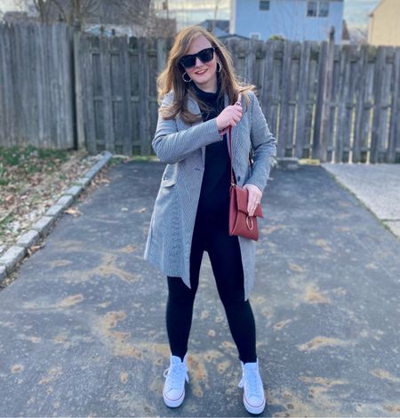 Houndstooth blazer coat 
Leggings with pockets 
High top sneakers 
Pearl hoop earrings 
Athleisure
Wearing Milani lipstick in Poppy

#LTKstyletip #LTKfitness #LTKshoecrush