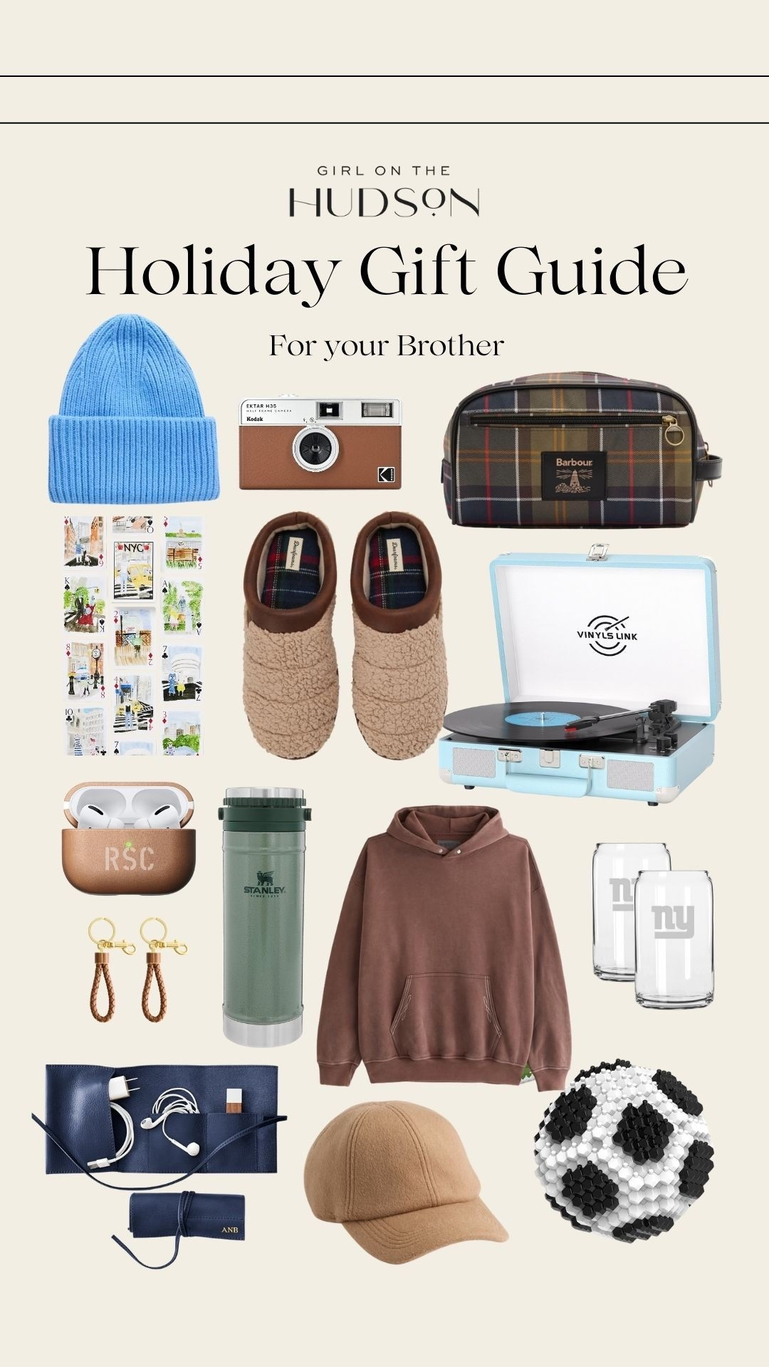 Gift guide for your brother!! Fun hats, Barbour wash bag, the sweatshirt that my husband loves, playing card, a cool record player, leather keychain, analog camera, drinking glasses, cozy slippers, Stanley coffee cup, monogram AirPod case and more!  

#LTKGiftGuide #LTKMens #LTKCyberWeek