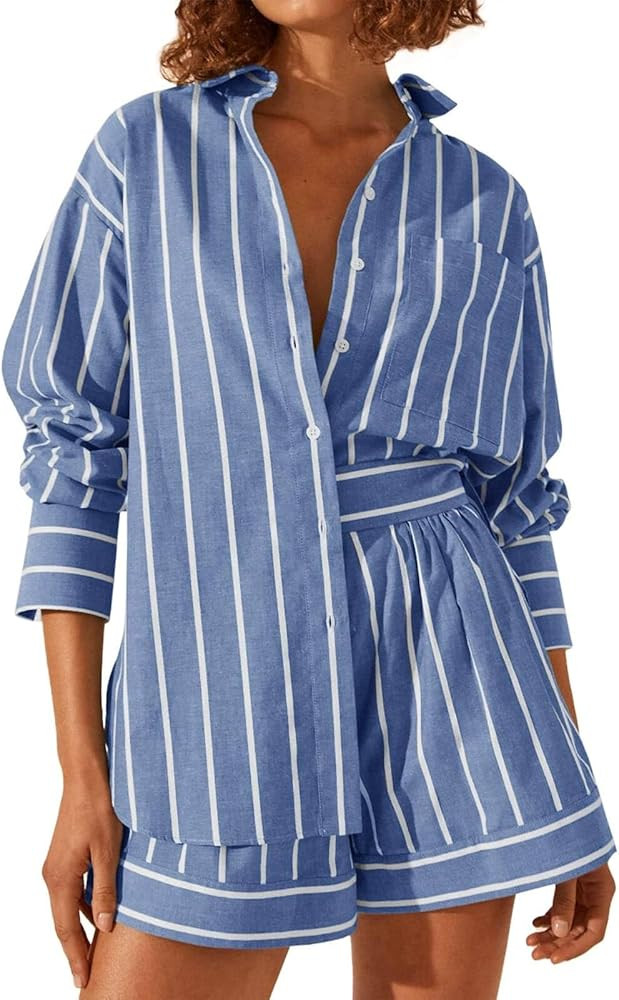 Tankaneo Womens 2 Piece Outfits Striped Long Sleeve Button Down Collared Shirt Matching Shorts Se... | Amazon (US)