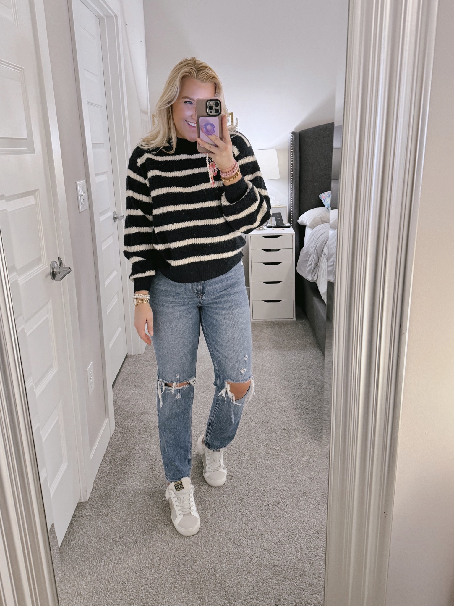 1.18.24 OOTD🤍Striped sweaters are a Winter favorite ❄️casual outfit of the day! My bracelets are from my website KellyPrepsterStudio.com

#LTKfindsunder100 #LTKstyletip #LTKSeasonal