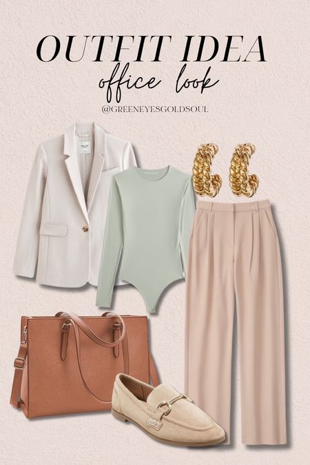 Outfit idea for the office! 💛 
Blazer, bodysuit, trousers, slacks, work tote, laptop bag, loafers, workwear, gold earrings 

#LTKStyleTip #LTKWorkwear #LTKU