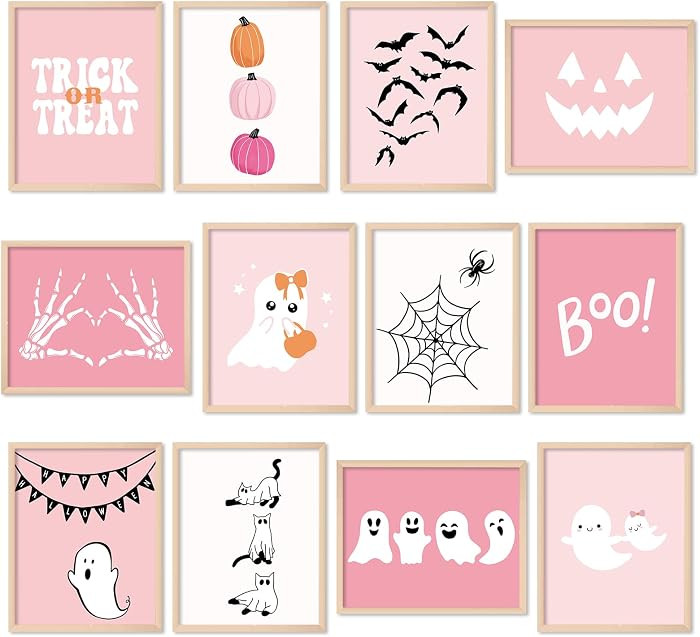 Whaline 12Pcs Halloween Wall Art Prints Cute Pink Ghost Pumpkin Boo Art Poster Trick or Treat Aes... | Amazon (US)