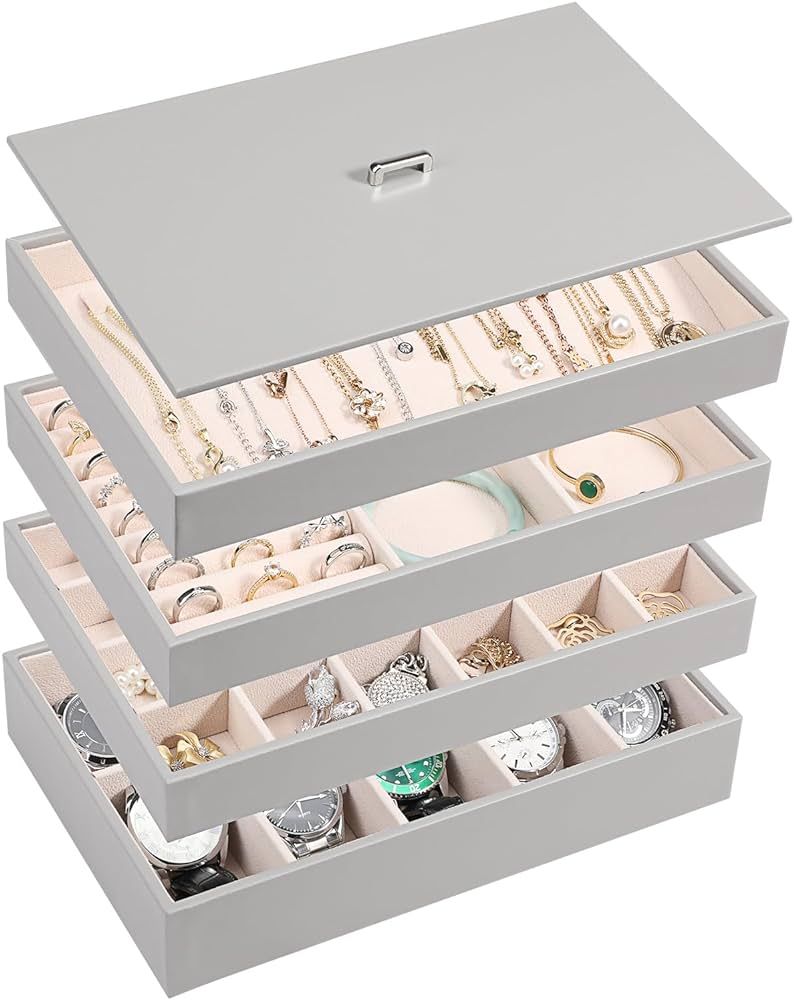 Voova Stackable Jewelry Organizer Tray with Lid, PU Leather Jewelry Storage Holder for Drawer Ins... | Amazon (US)