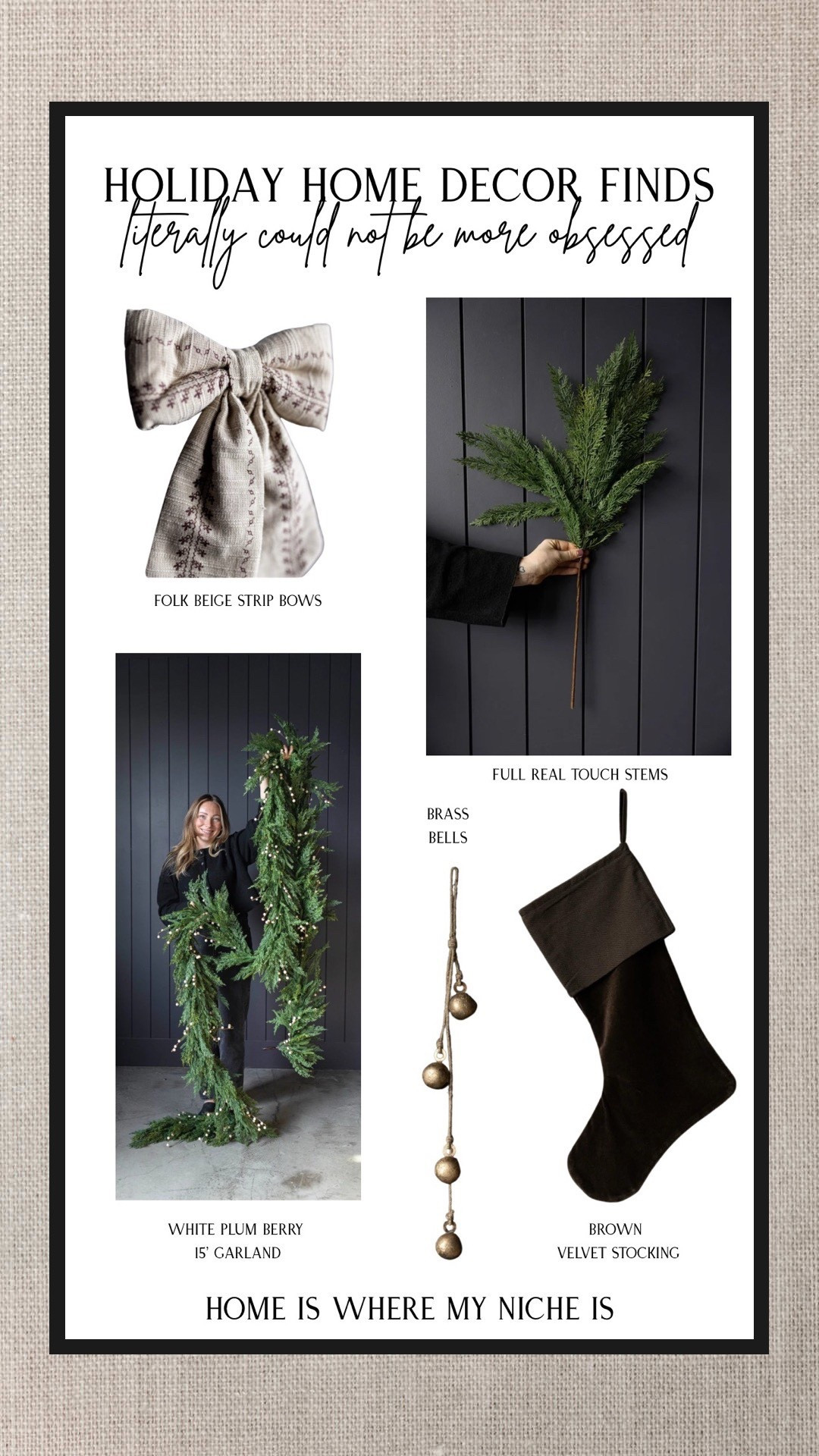 H O L I D A Y / literally could not be more obsessed with this Christmas Decor

+ folk beige strip fabric bows
+ full real touch stems
+ white plum berry 15’ garland 
+ brass bell clusters
+ brown velvet stockings 
+ more 👇🏻

Christmas Plaid | Stripes | Gingham | Satin Ribbon | Norfolk | Cypress 

#LTKcanada #LTKhome #LTKholiday