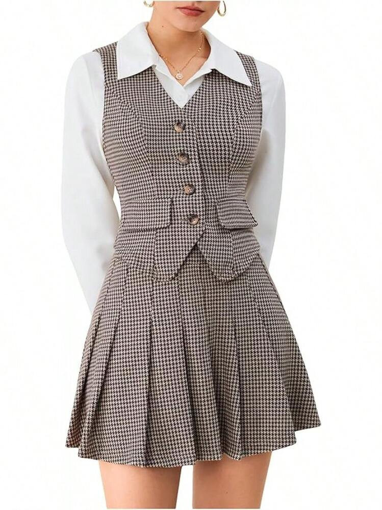 Women's 2 Piece Outfit Plaid Vest And Pleated Skirt Suit Sets | SHEIN