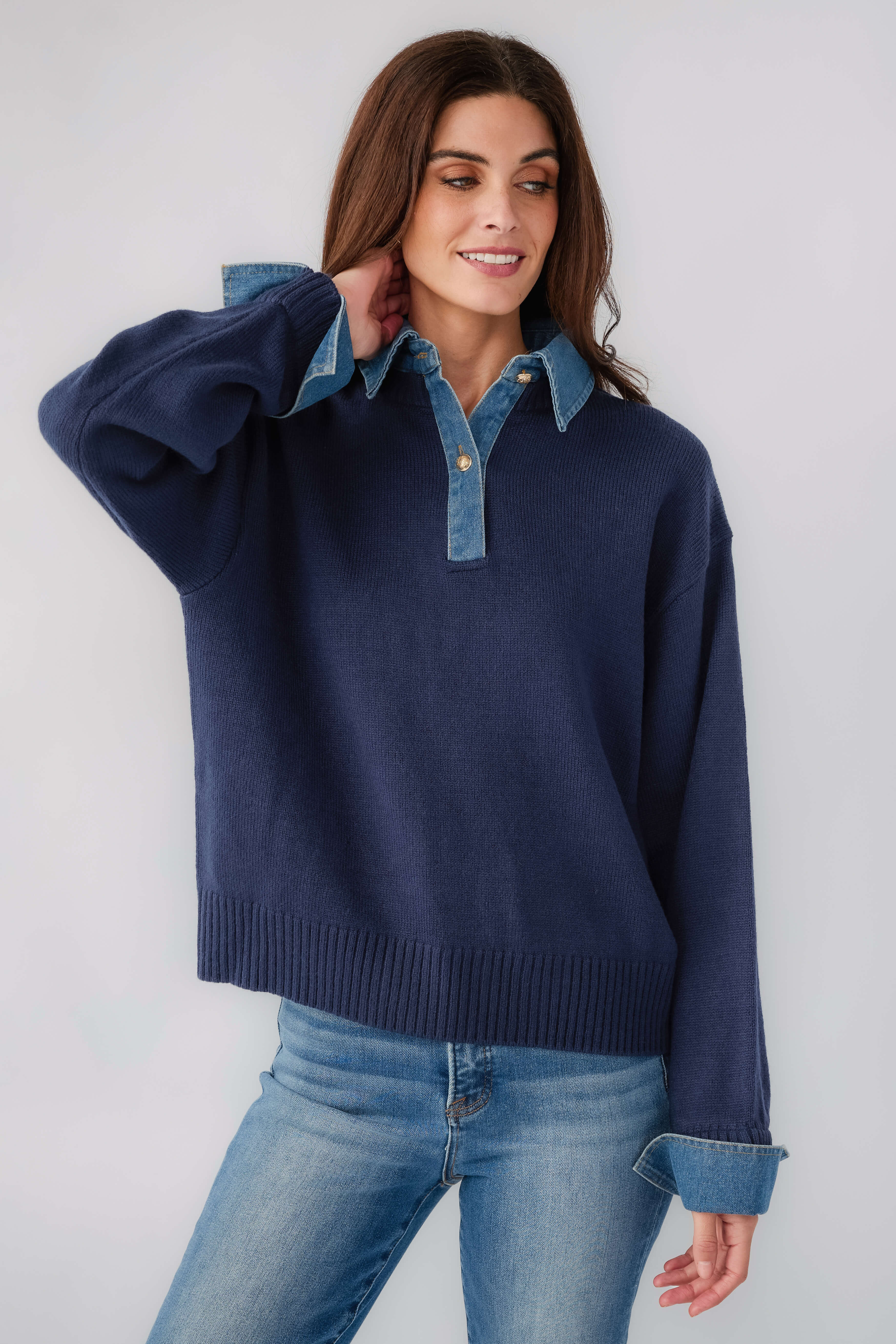 Elan Denim Polo Sweater | Social Threads