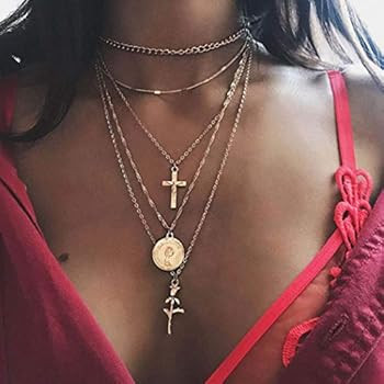 Fstrend Holy Layered Cross Necklace Gold Choker Coin Chain Rose Flower Pendant Multilayered Long Nec | Amazon (US)