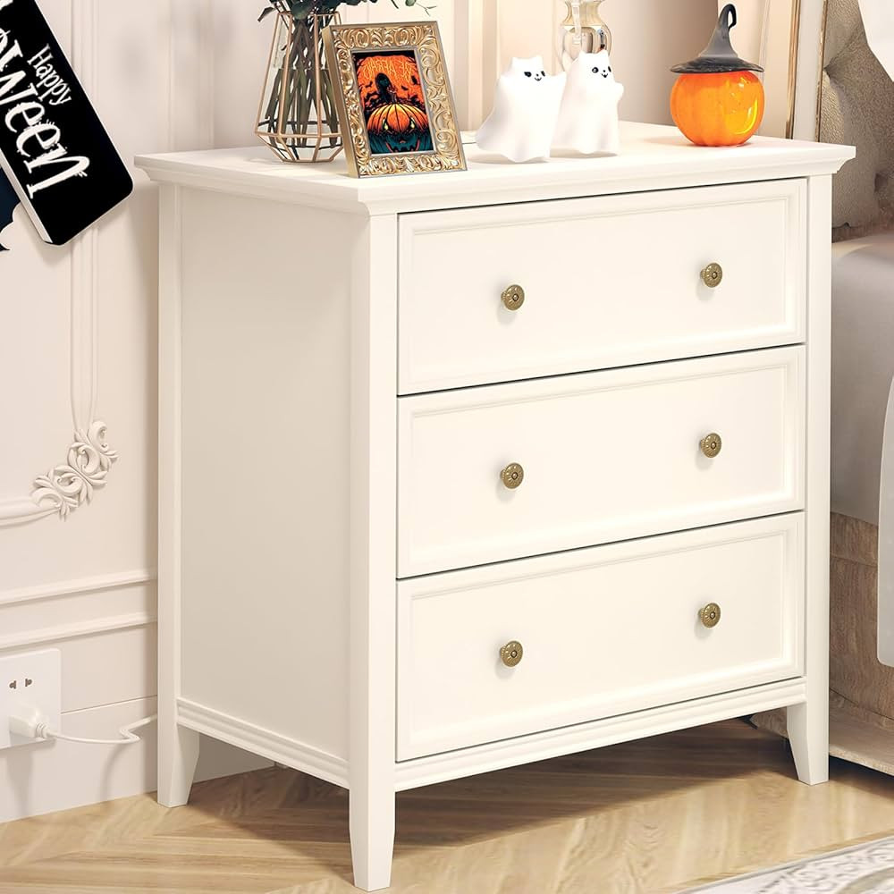 IKENO White Nightstand with 3 Drawers and Charging Station, Solid Wood Nightstand Organizer for B... | Amazon (US)