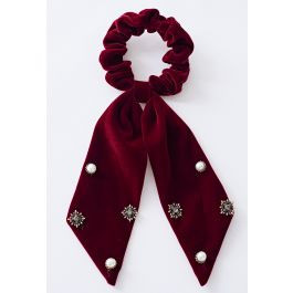 Velvet Bowknot Pearl Diamond Scrunchie in Burgundy | Chicwish