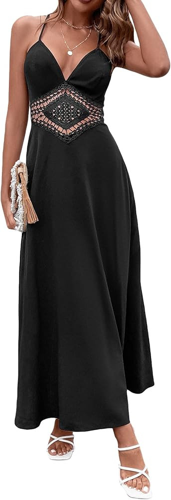 Verdusa Women's Criss Cross Backless V Neck Guipure Lace A Line Long Cami Dress | Amazon (US)