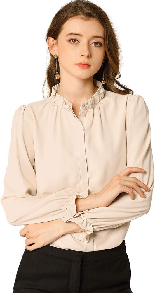 Women's Button-Down Work Office Tops Chiffon Ruffled Stand Collar Blouse | Amazon (US)