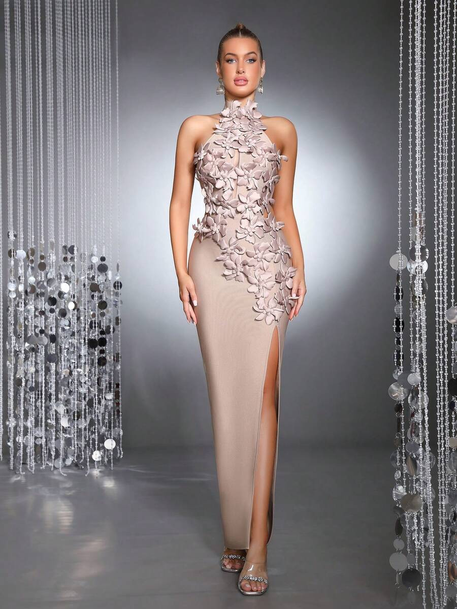 New Fashionable 3D Floral Sexy Stand Collar Sleeveless Hollow-Out Backless High Slit Bandage Maxi... | SHEIN