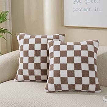 AmHoo Pack of 2 Decorative Throw Pillow Covers Checkerboard Luxury Super Soft Faux Fur Wool Set C... | Amazon (US)