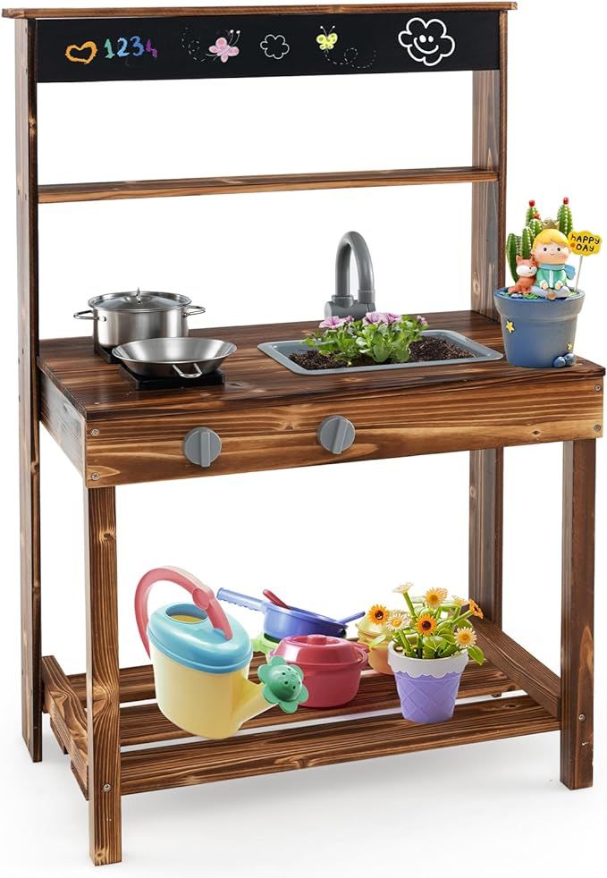 HONEY JOY Mud Kitchen, Fir Wood Outdoor Play Kitchen for Toddlers, Realistic Faucet & Garden Sink... | Amazon (US)