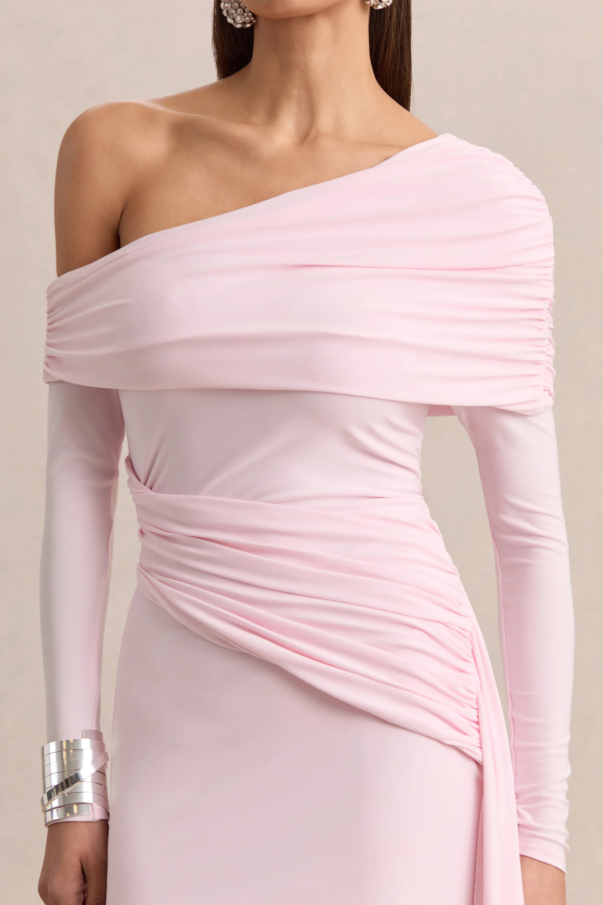 Savita | Light Pink Ruched Asymmetric Mini Dress With Drape | Club L London