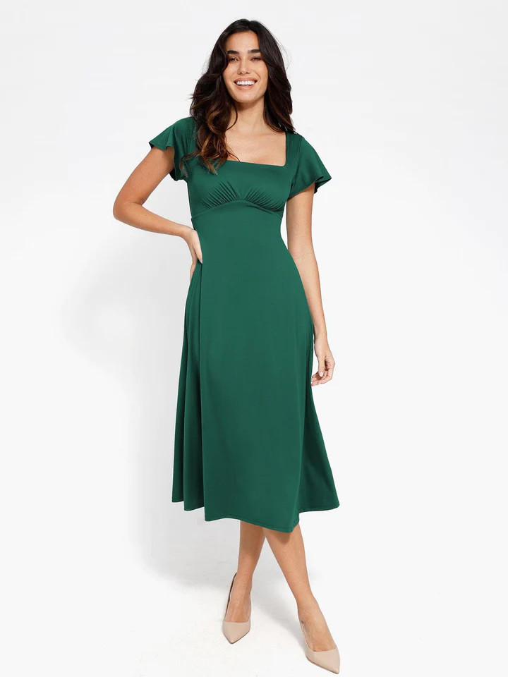 Built-In Shapewear A-Line Square Neck Midi Dress | Popilush