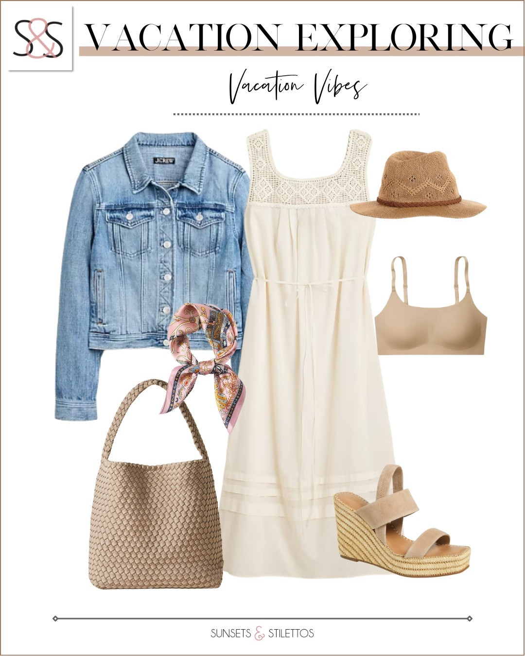 Vacation outfit for exploring a new city.. comfortable, cute, and neutral. This crochet dress works with wedges or flats, and the denim jacket adds a layer for breezy days. Lightweight pieces that pack well and mix easily.

Sunsets and Stilettos vacation outfit exploring outfits spring travel look crochet dress denim jacket neutral vacation wardrobe capsule packing list warm weather outfit ideas

#LTKTravel #LTKOver40 #LTKSeasonal