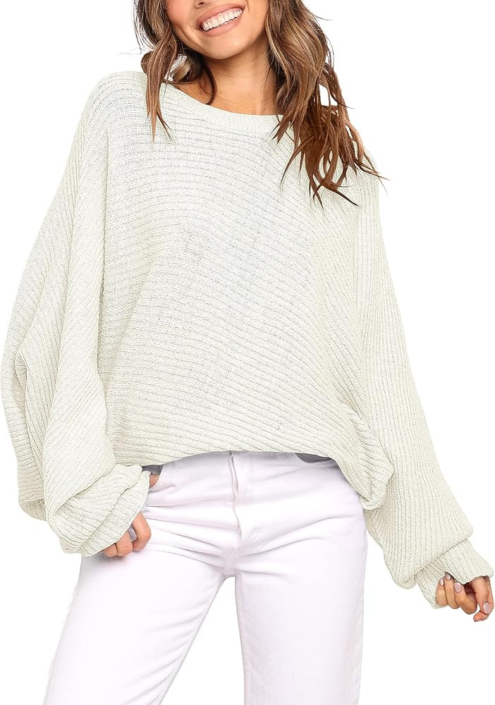 Prinbara Women's Lightweight Oversized Crewneck Batwing Puff Long Sleeve Cable Knit Pullover Sweatea | Amazon (US)