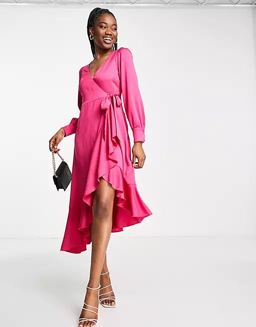 Style Cheat ruffle wrap midi dress in pink | ASOS (Global)