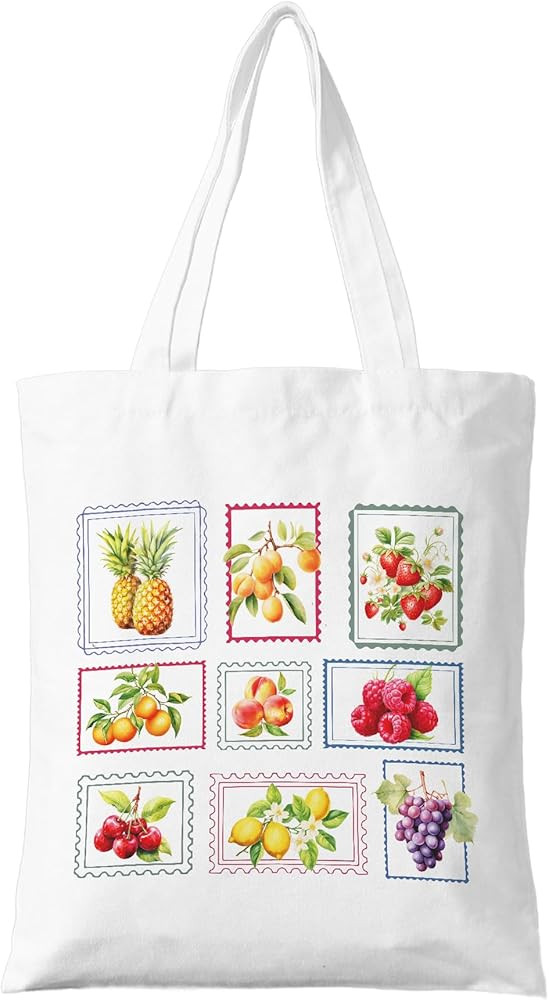 Vintage Fruit Stamp Canvas Tote Bag - Summer Aesthetic Reusable Grocery Bag - Eco-Friendly Farmer... | Amazon (US)