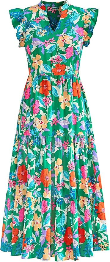 PRETTYGARDEN Women's 2025 Summer Floral Midi Dress Cap Sleeve V Neck Ruffle Long Flowy Boho Casua... | Amazon (US)