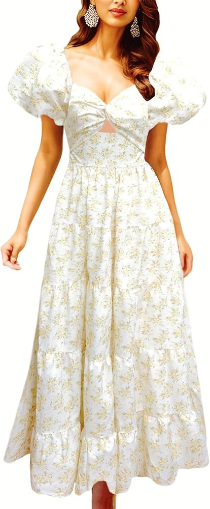 GOLDSTITCH Women's 2024 Boho Floral Maxi Dress Puffy Short Sleeve Cutout V Neck Casual Long Beach... | Amazon (US)