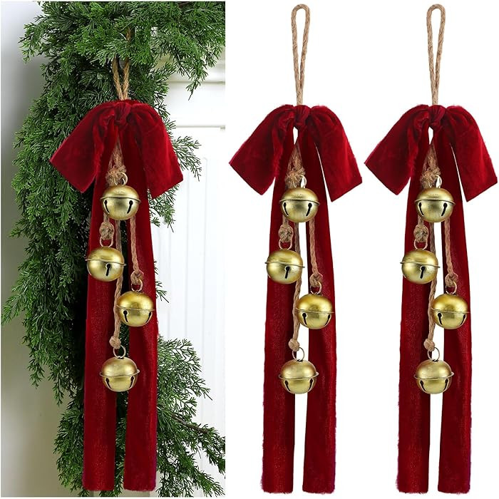 Moxweyeni 2 Sets Christmas Cow Bells with Velvet Bow 18.5 Inch Vintage Bells with Jute Hanging Ro... | Amazon (US)