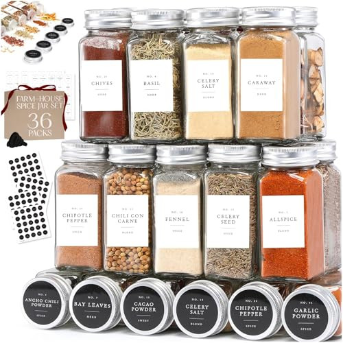 Glass Spice Jars with Labels with Metal Lids and Shakers Farmhouse 36 Pack Set, 4oz Small Clear Empty Spice Bottles Seasoning Containers with Label Organizer Square Herb Seasoning Jars for Kitchen | Amazon (US)