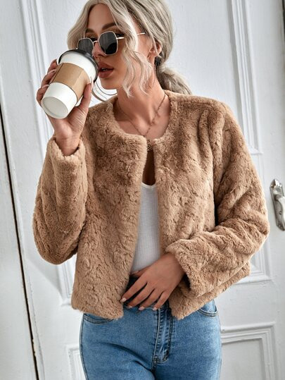 SHEIN Open Front Fuzzy Coat | SHEIN