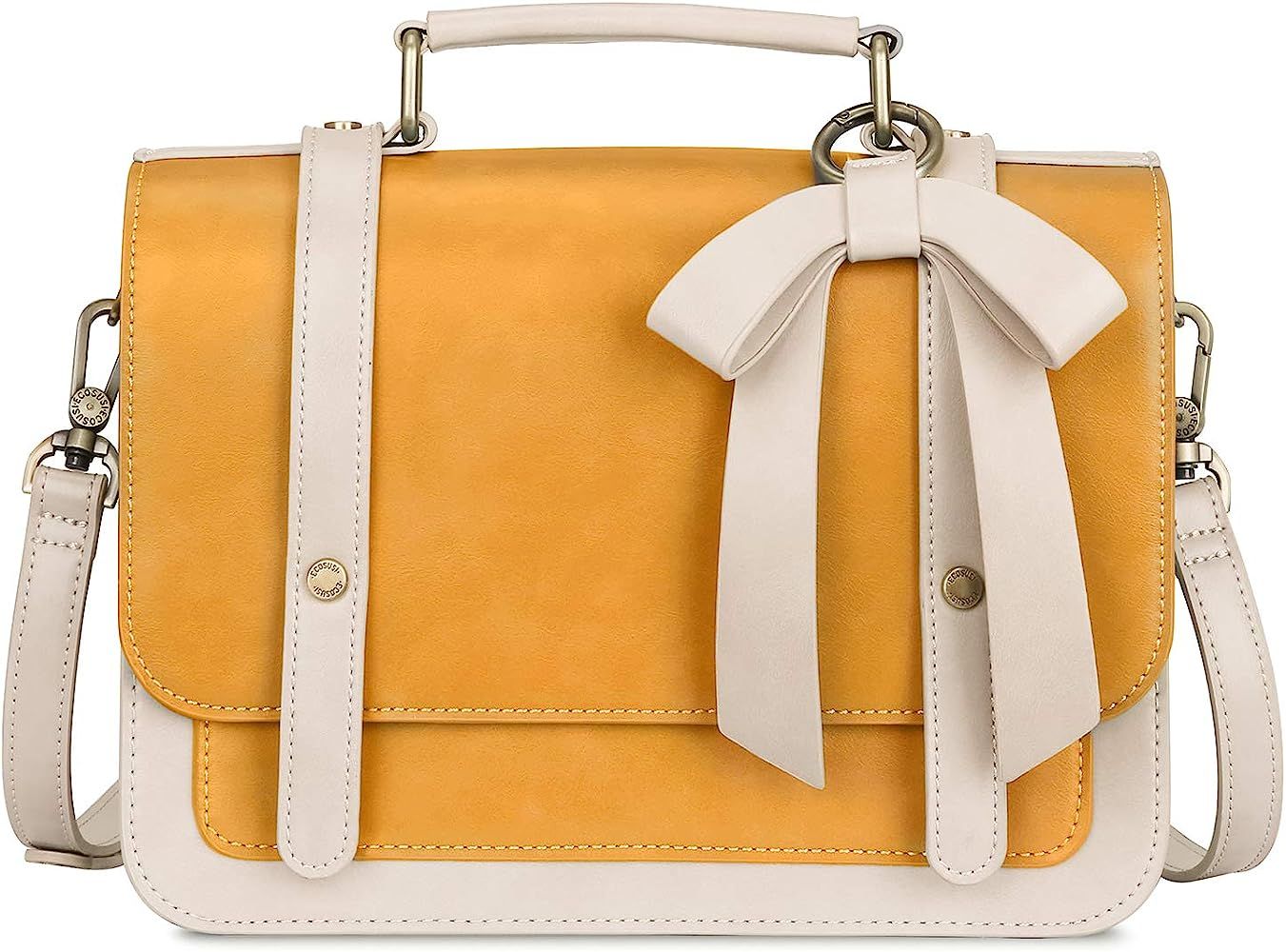 ECOSUSI Women's Small Vintage Vegan Leather Crossbody Satchel Bag with Detachable Bow | Amazon (US)