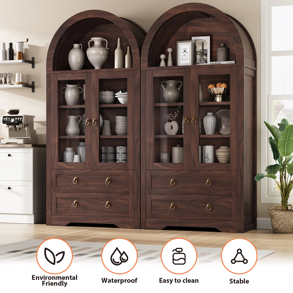 Winston Porter Caspian Modern Design 70.9"Storage Bookcase,Arched Cabinet With Glass Doors & Revi... | Wayfair North America