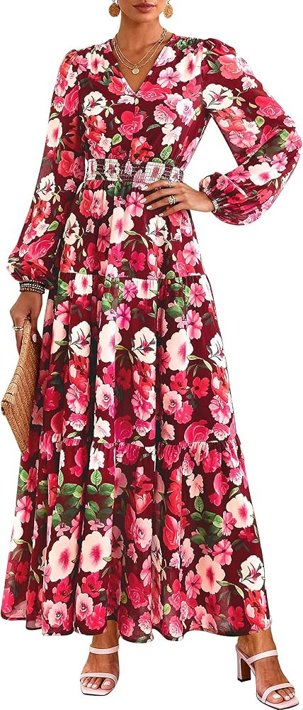 PRETTYGARDEN Long Sleeve Maxi Fall Dresses for Women 2025 Vneck Smocked Boho Floral Tiered Swing ... | Amazon (US)