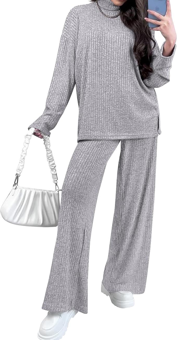 KIRUNDO Womens Two Piece Outfits Lounge Set Lightweight Turtleneck Knit Pullover And Long Pants S... | Amazon (US)