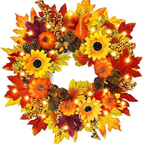 18 Inch Sunflower Fall Wreath Front Door Decorations Timer 20 Warm Lights 5 Styles Mixcolor 58 Ma... | Amazon (US)