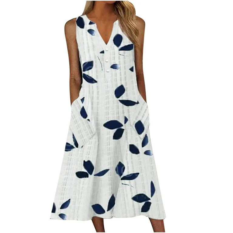 USSUMA Sun Dresses Women Summer Casual Pleated Loose Swing Midi for Women Flral Print Knee Length... | Walmart (US)