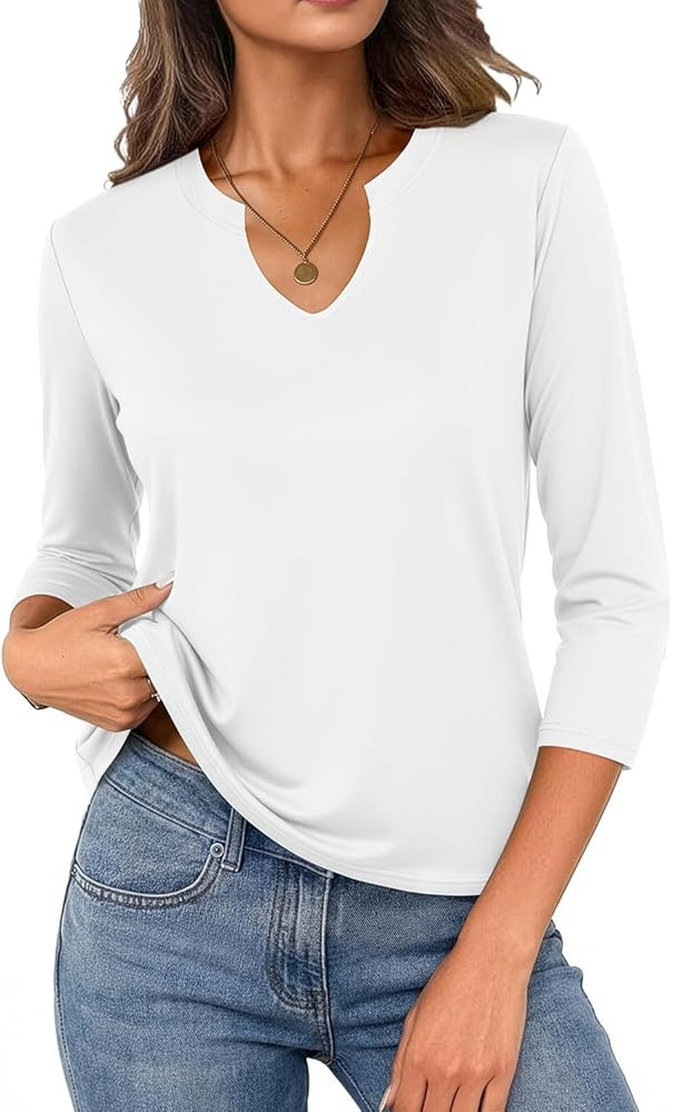 JUSTFASHIONNOW 3/4 Length Sleeve Womens Tops Cotton V Neck T Shirts Basic Casual Tees Blouses | Amazon (US)