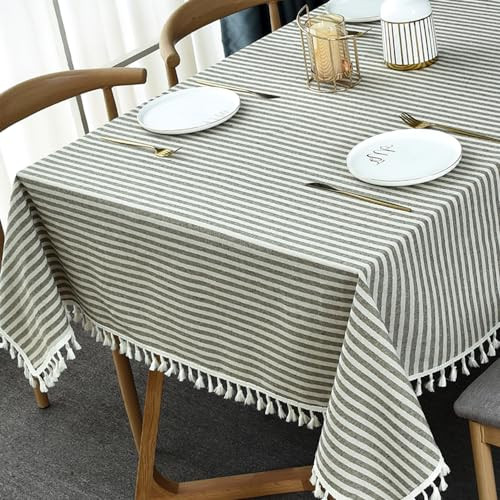 TruDelve Cotton Linen Tablecloth Green Striped Tablecloth with Tassels Boho Tablecloths for Rectangle Tables (Rectangle, 55 x 86Inch, Green) | Amazon (US)