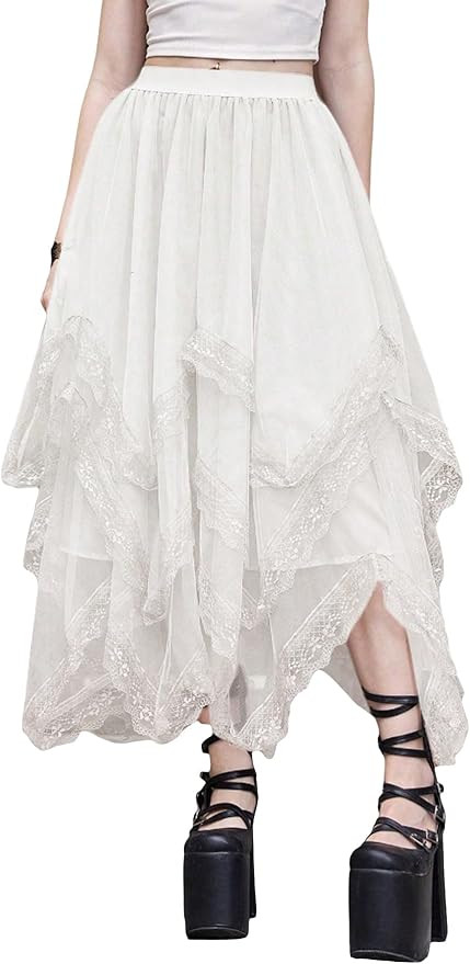 SHENHE Women's Lace Trim Layered Mesh Tulle Skirt High Waist Asymmetrical Long Goth Skirt | Amazon (US)
