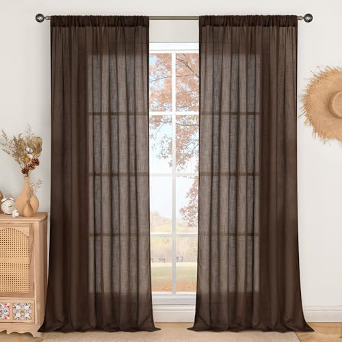 BGment 96 Inches Long Linen Curtains for Living Room, Brown Semi Sheer Window Drapes Rustic Textu... | Amazon (US)