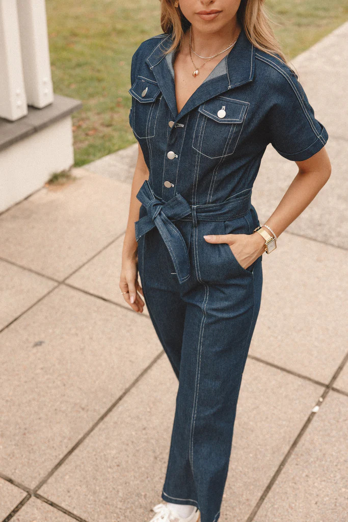 Demi Contrast Stitch Jumpsuit - Dark Denim | Petal & Pup (US)