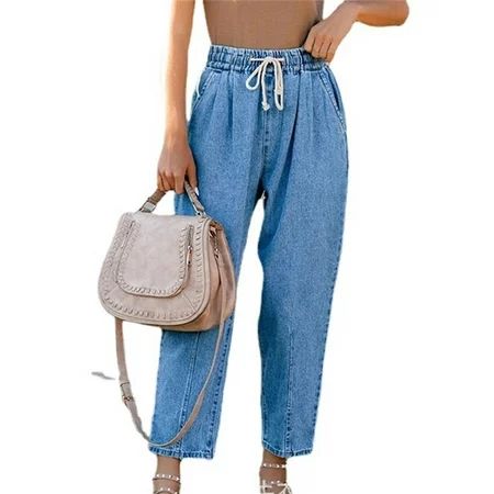 Eleluny Women Drawstring Denim Pants Straight Leg Jeans Elastic Waist Trousers Blue XL | Walmart (US)