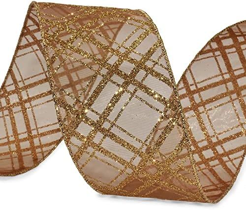 25 Feet Gold Glitter Sparkly Diagonal Plaid on Brown Sheer Christmas Wired Ribbon 2.5 Inches Wide On | Amazon (US)