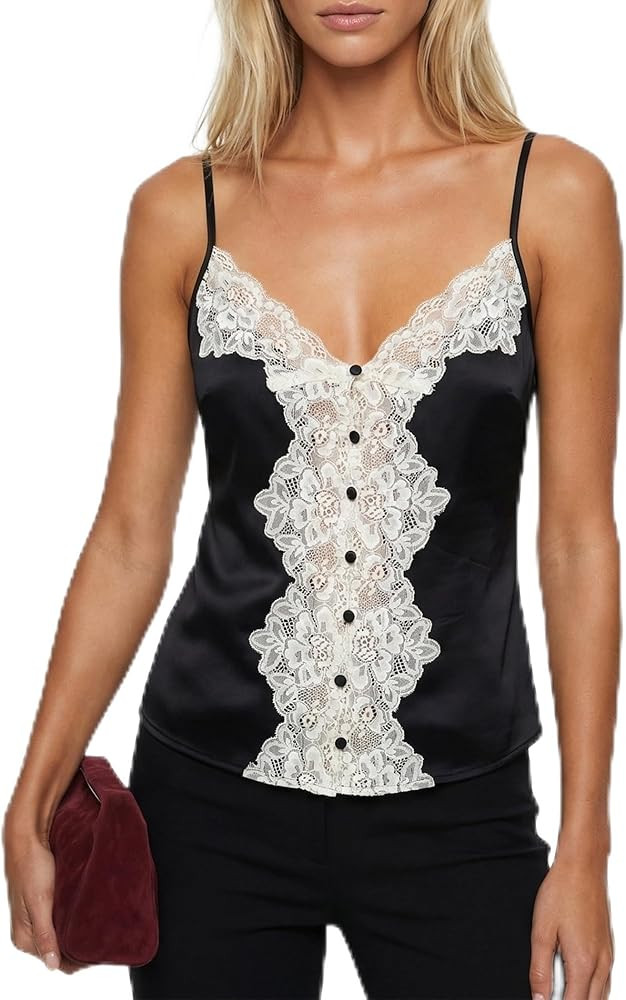 Women’s Lace Trim Satin Camisole Top, Sleeveless V Neck Button Front Cami Blouse | Amazon (US)