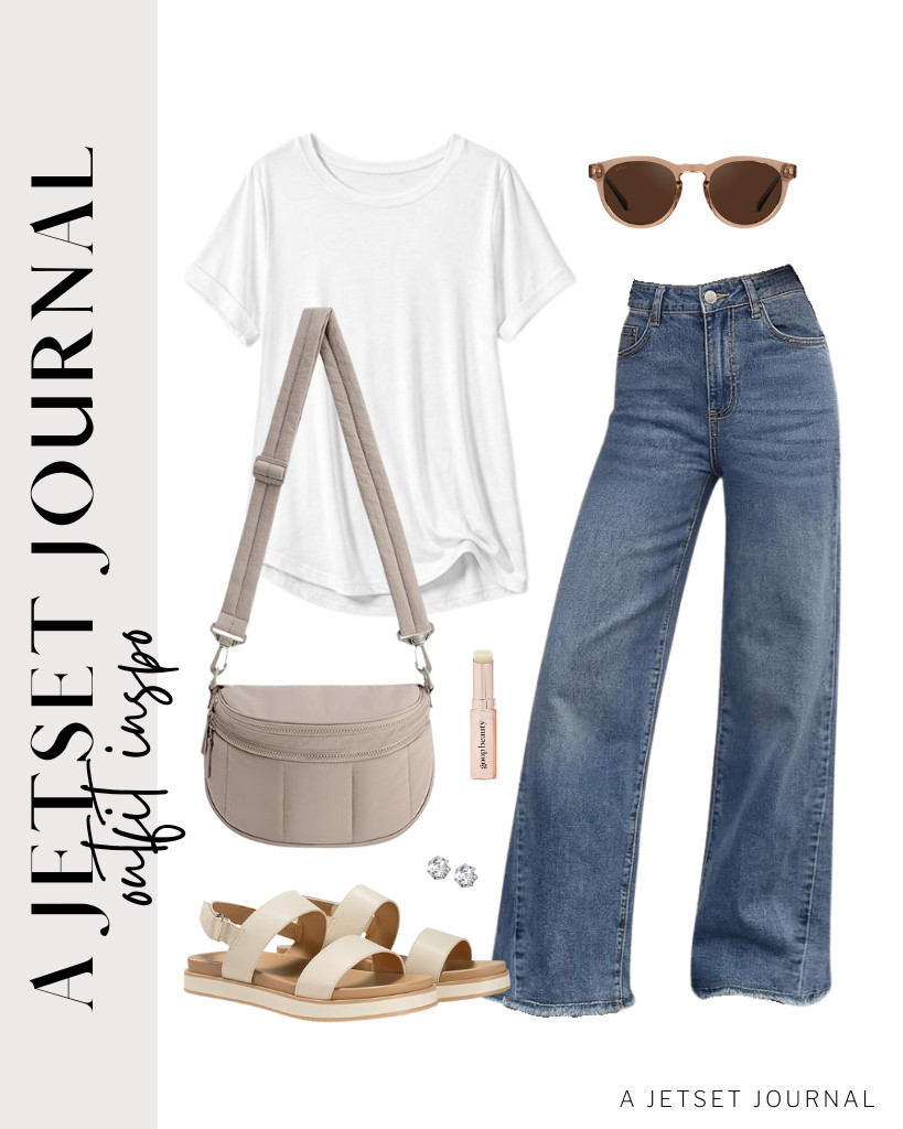 Start your first outfit with an oversized white tee from ATHMILE and wide-leg jeans. You can style these basic pieces with this BAGSMART crossbody bag and WearMe Pro sunnies. For your footwear, step into Coutgo’s flat sandals. 

#LTKSeasonal #LTKSaleAlert #LTKTravel
 

 