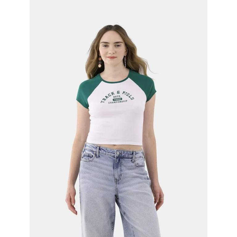 No Boundaries Cropped Raglan Cotton Tee, Women's and Women’s Plus | Walmart (US)